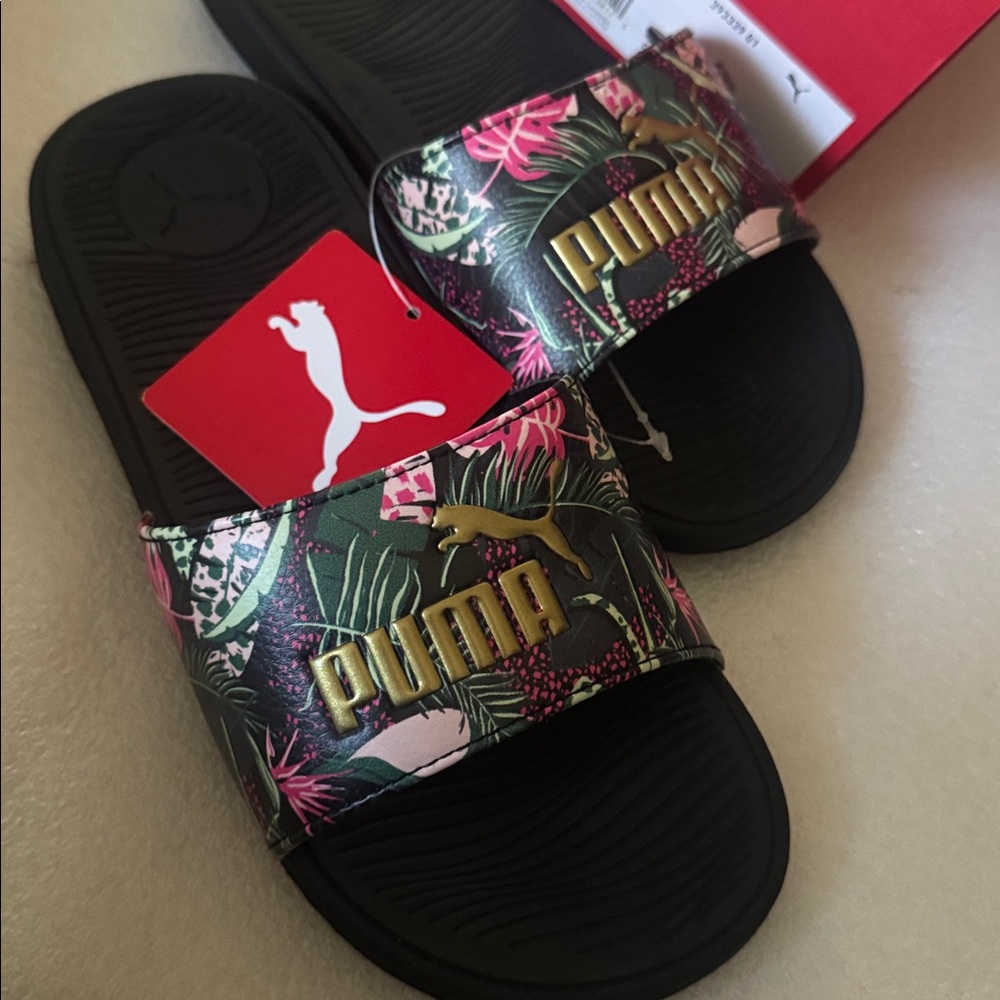 Puma Black and Gold Tropical Slide Sandals.size-7 - Picture 3 of 9